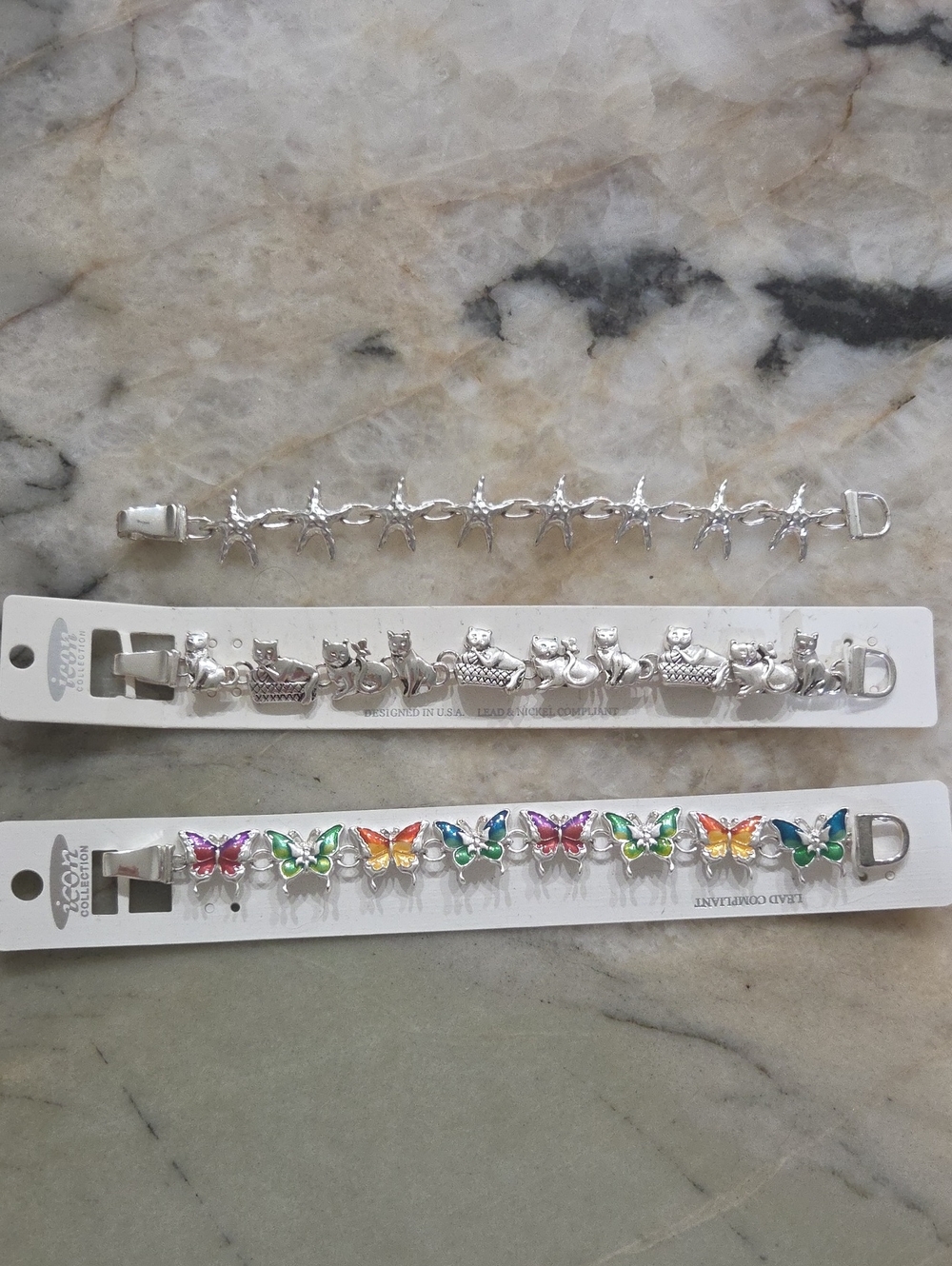 Country Cupboard Icon Collection Silver Butterfly, Cat & Starfish Bracelet Set
